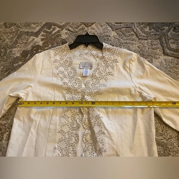 SUSAN GRAVER STYLE White Silver Metallic Eyelet Jacket Blazer Linen Blend Medium - Picture 8 of 8